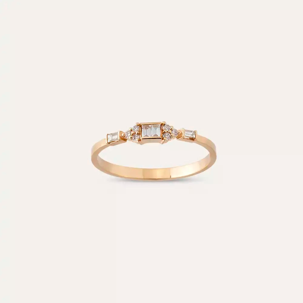 0.14 CT Baget Pırlanta Taşlı Rose Altın Yüzük