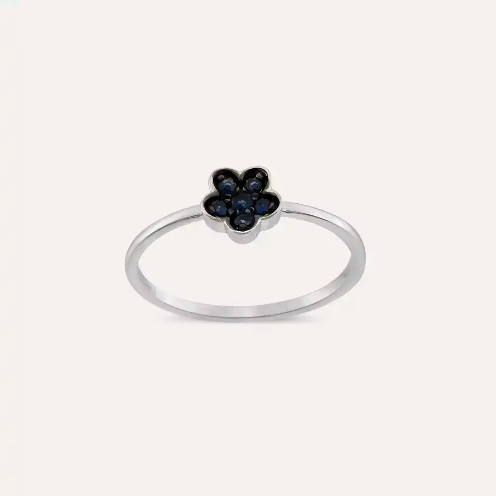 Elora 0.14 CT Safir Taşlı Beyaz Altın Çiçek Yüzük