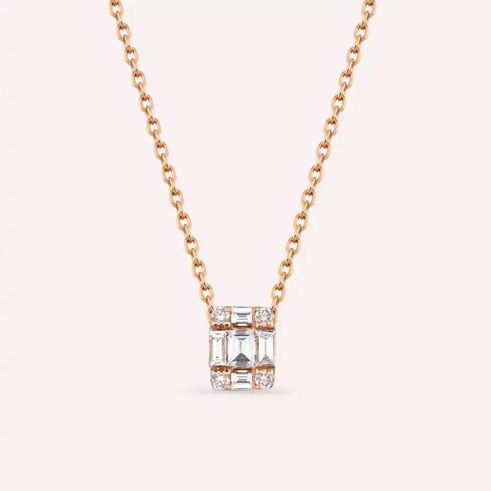 0.16 CT Baget Pırlanta Taşlı Rose Altın Kolye