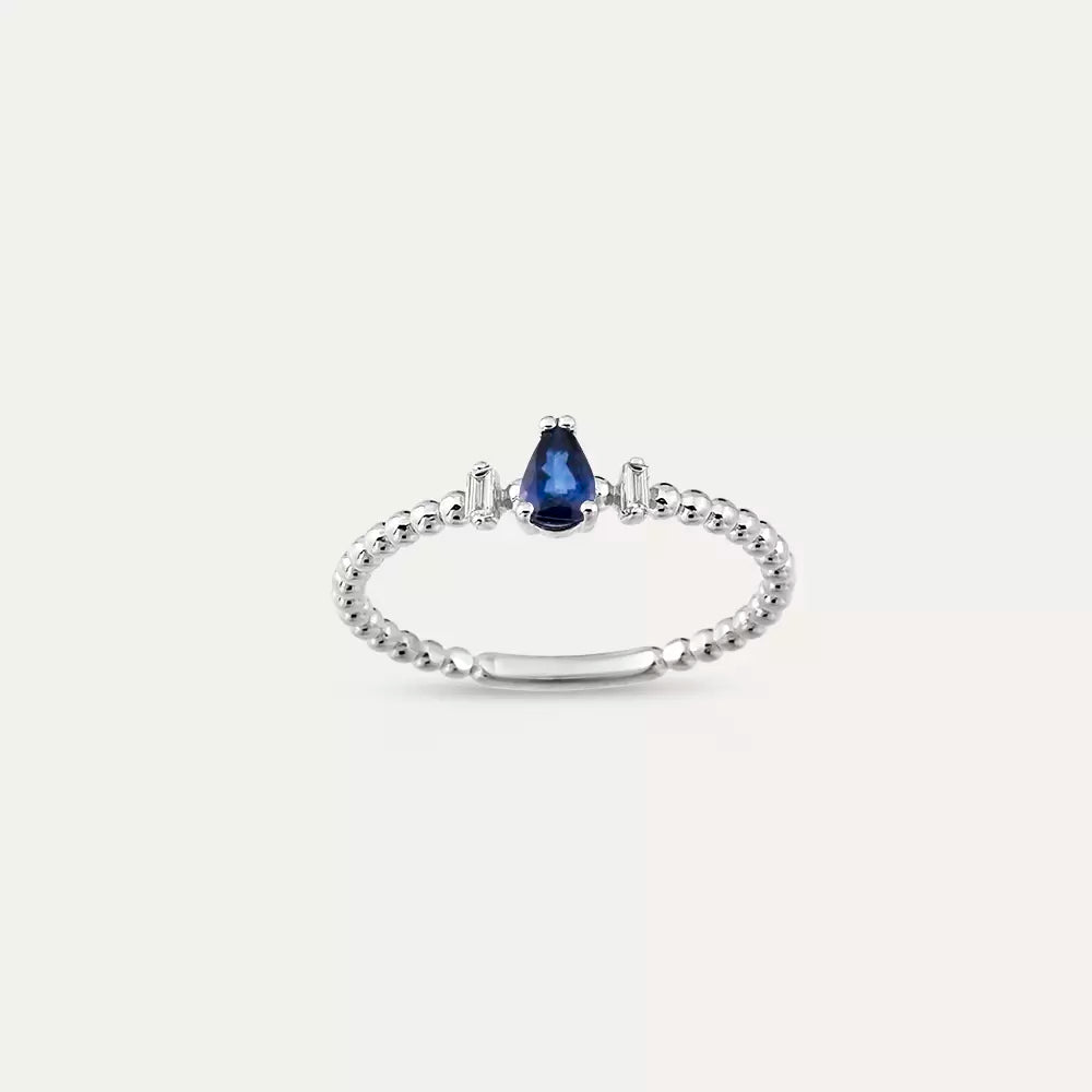 0.29 CT Damla Safir ve Baget Pırlanta Taşlı Beyaz Altın Yüzük