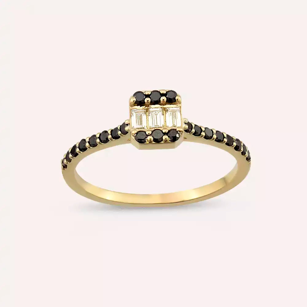 Elys 0.40 CT Black Diamond and Baguette Diamond Yellow Gold Ring