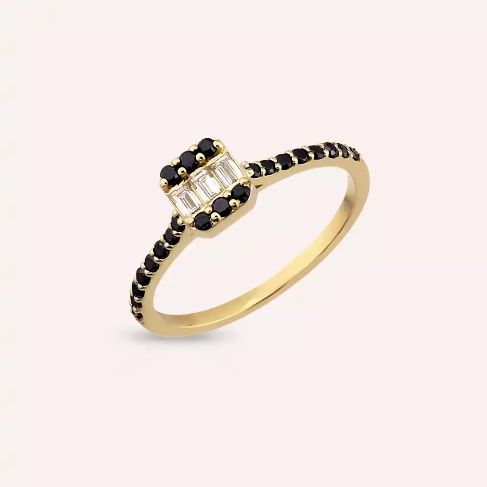 Elys 0.40 CT Black Diamond and Baguette Diamond Yellow Gold Ring