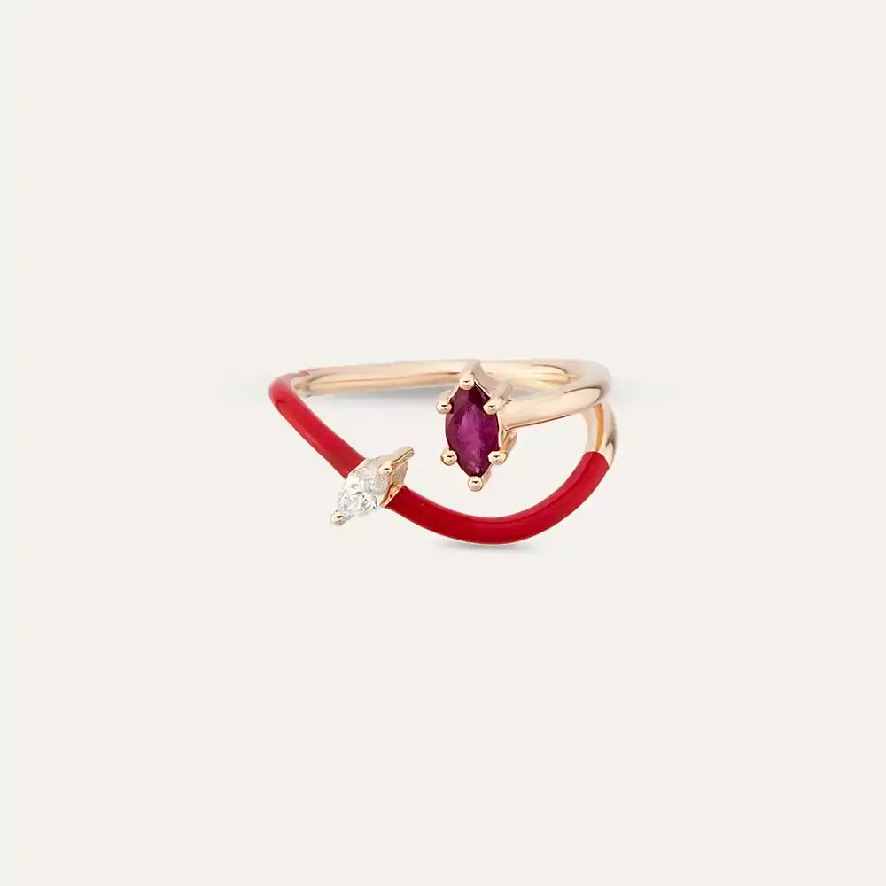 0.42 CT Yakut ve Pırlanta Taşlı Kırmızı Mineli Rose Altın Yüzük