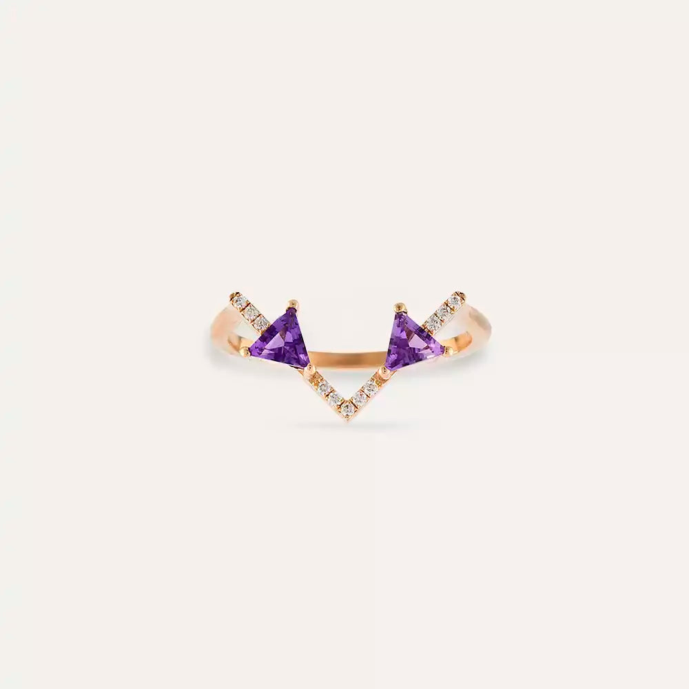 0.44 CT Diamond and Amethyst Rose Gold V Ring
