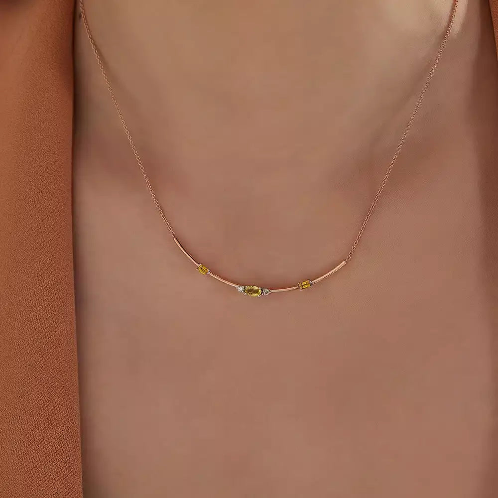 0.56 CT Yellow Sapphire and Diamond Rose Gold Necklace