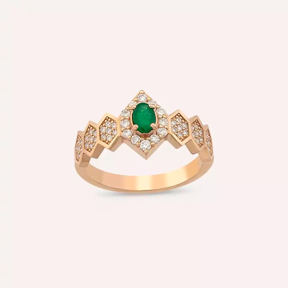 Elowen 0.59 CT Zümrüt ve Pırlanta Taşlı Rose Altın Yüzük
