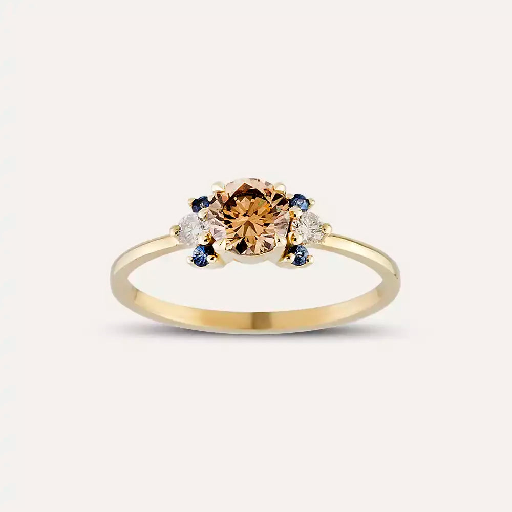0.69 CT Multicolor Sapphire and Brown Diamond Yellow Gold Ring