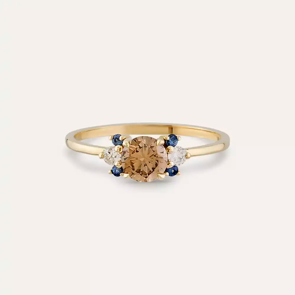 0.69 CT Multicolor Sapphire and Brown Diamond Yellow Gold Ring
