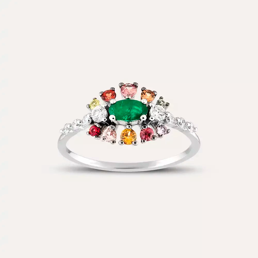 Pollen 0.73 CT Multicolor Sapphire and Emerald Stone White Gold Ring