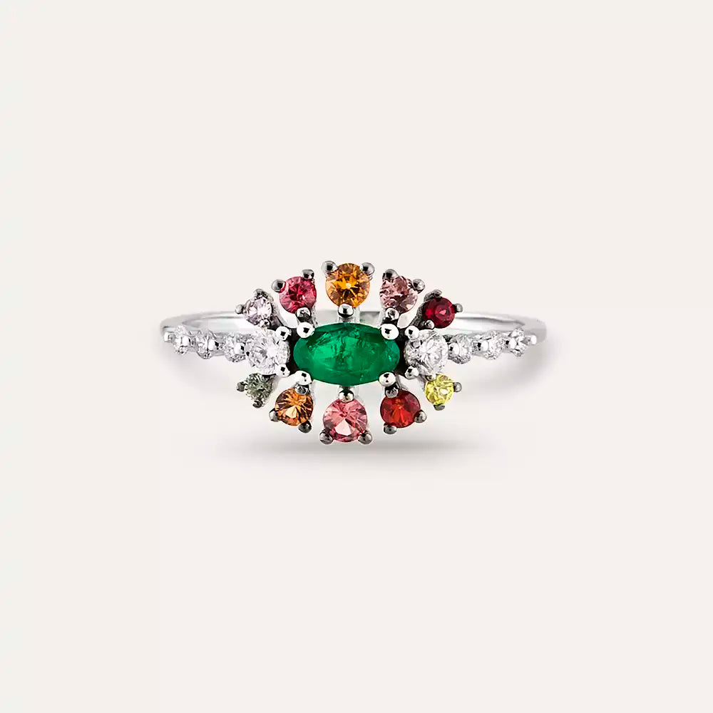 Pollen 0.73 CT Multicolor Sapphire and Emerald Stone White Gold Ring