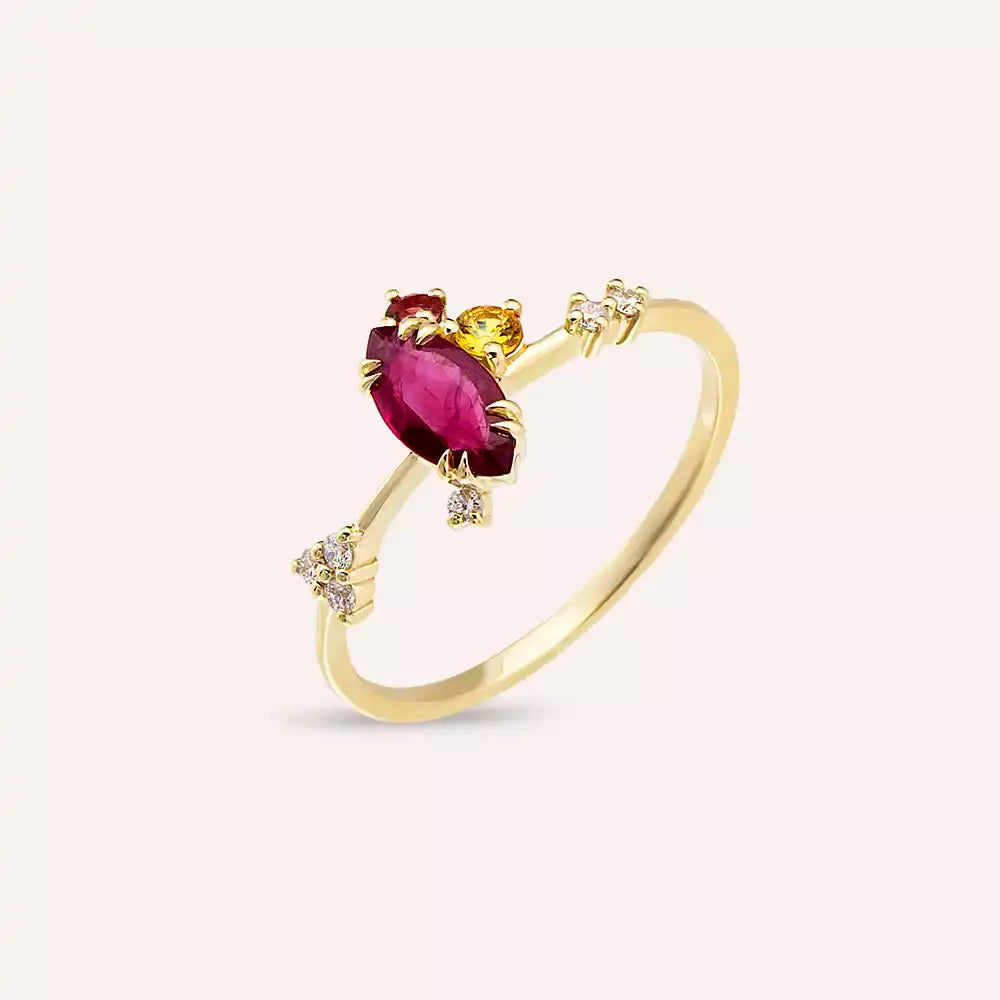 Arist 0.75 CT Ruby and Multicolor Sapphire Yellow Gold Ring