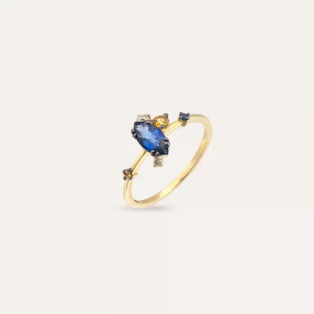 Arist 0.77 CT Diamond and Multicolor Sapphire Yellow Gold Ring