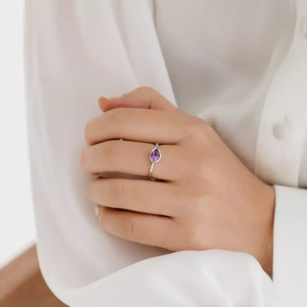 0.78 CT Pear Cut Amethyst and Diamond White Gold Ring