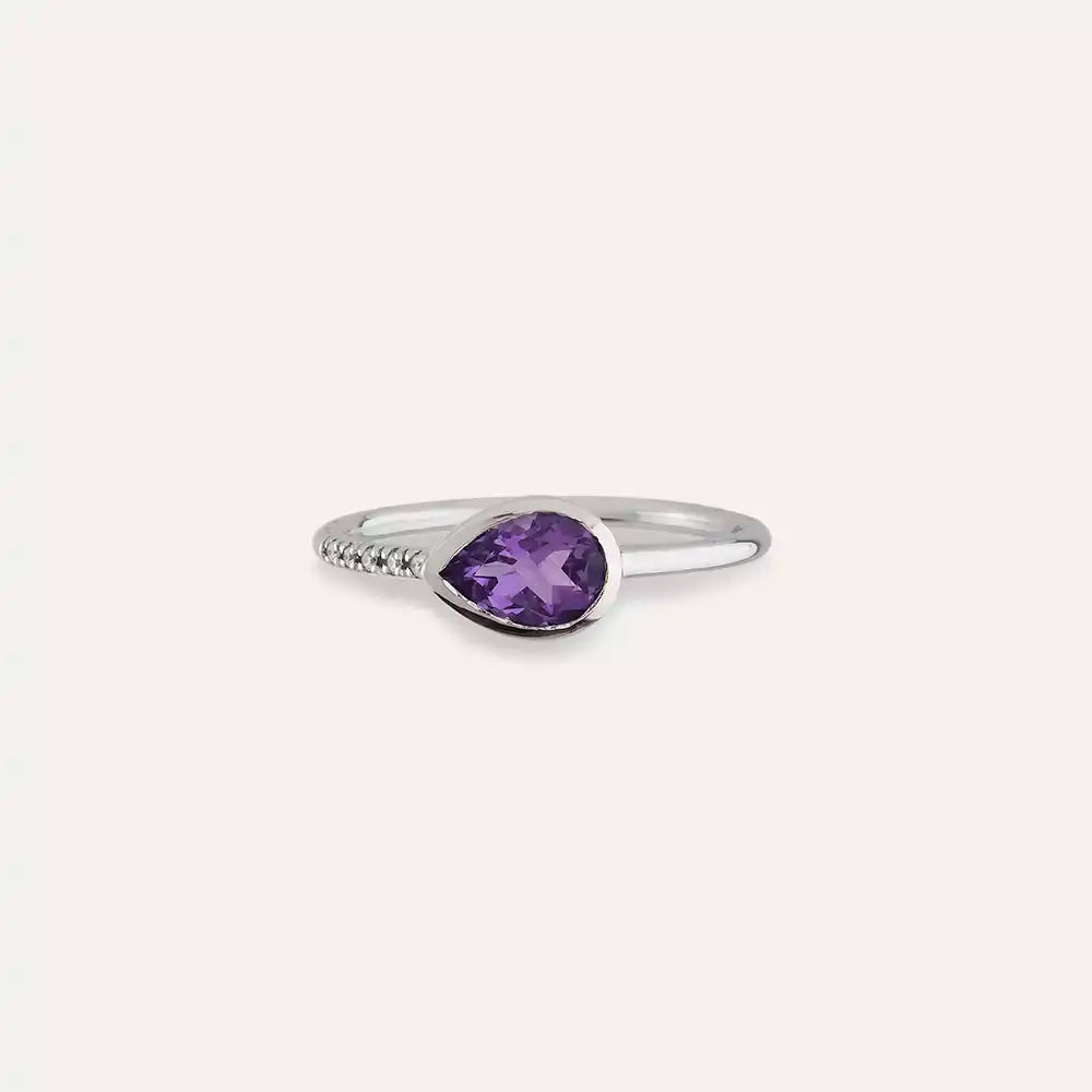 0.78 CT Pear Cut Amethyst and Diamond White Gold Ring