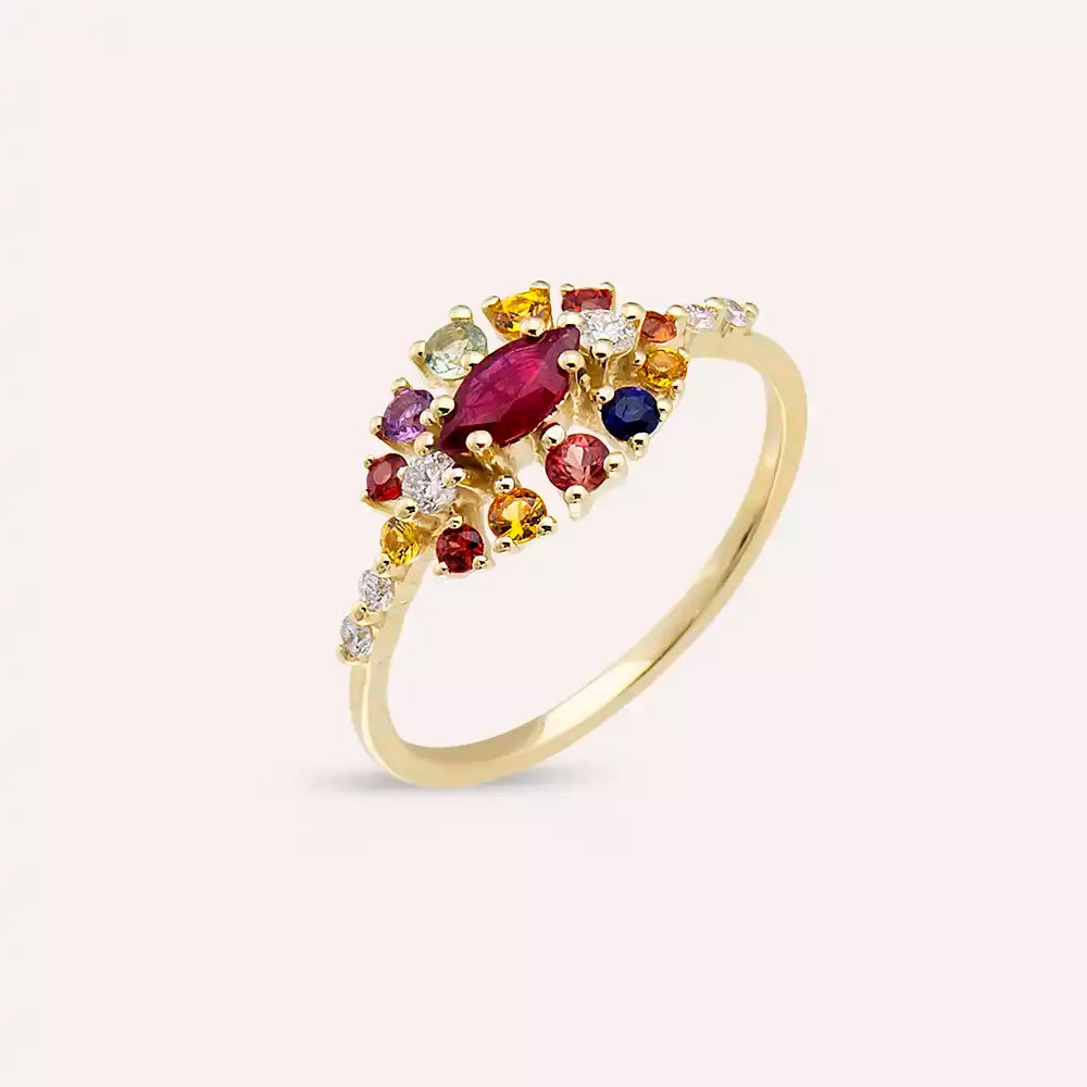 Pollen 0.83 CT Multi-color Sapphire, Ruby, and Diamond Yellow Gold Ring
