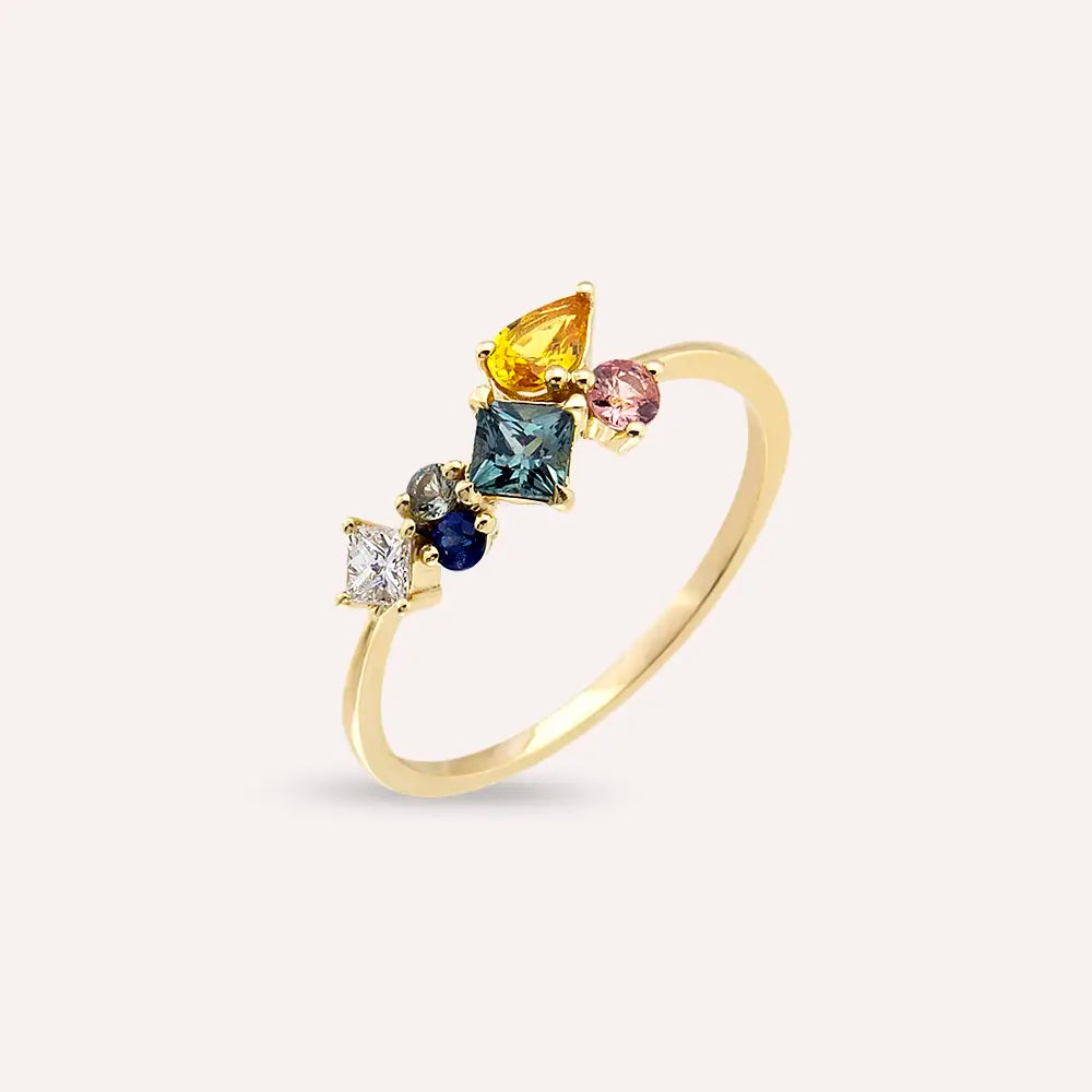 Candy 0.88 CT Multi-Color Sapphire and Diamond Yellow Gold Ring