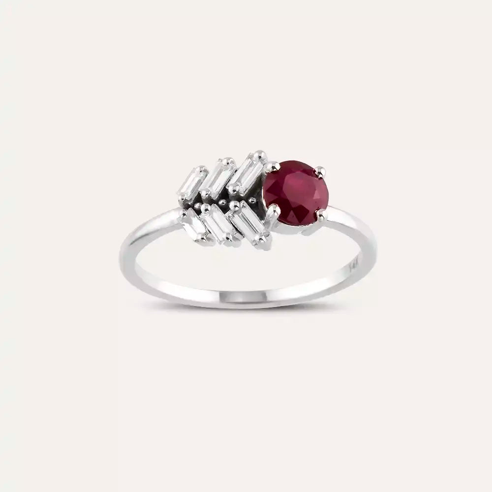 0.90 CT Yakut ve Baget Kesim Pırlanta Taşlı Beyaz Altın Yüzük