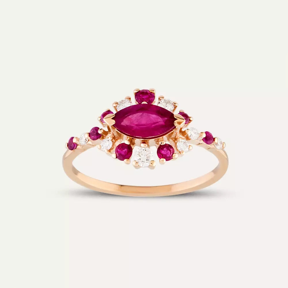 Pollen 0.92 CT Yakut ve Pırlanta Taşlı Rose Altın Yüzük