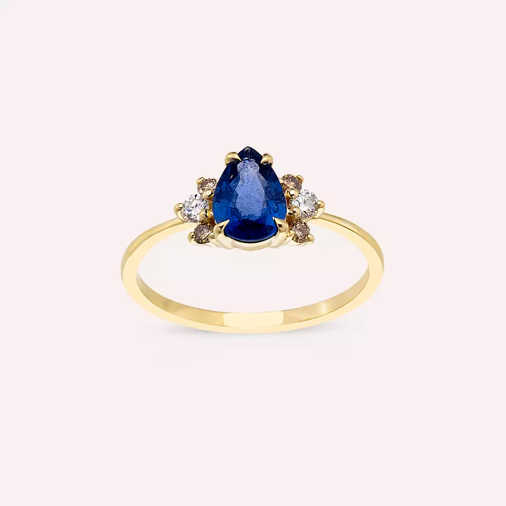 Dew 0.95 CT Yellow Gold Ring with Blue Sapphire and Brown Diamonds