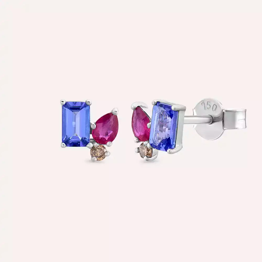 1.06 CT Tanzanite, Ruby, and Brown Diamond White Gold Earrings