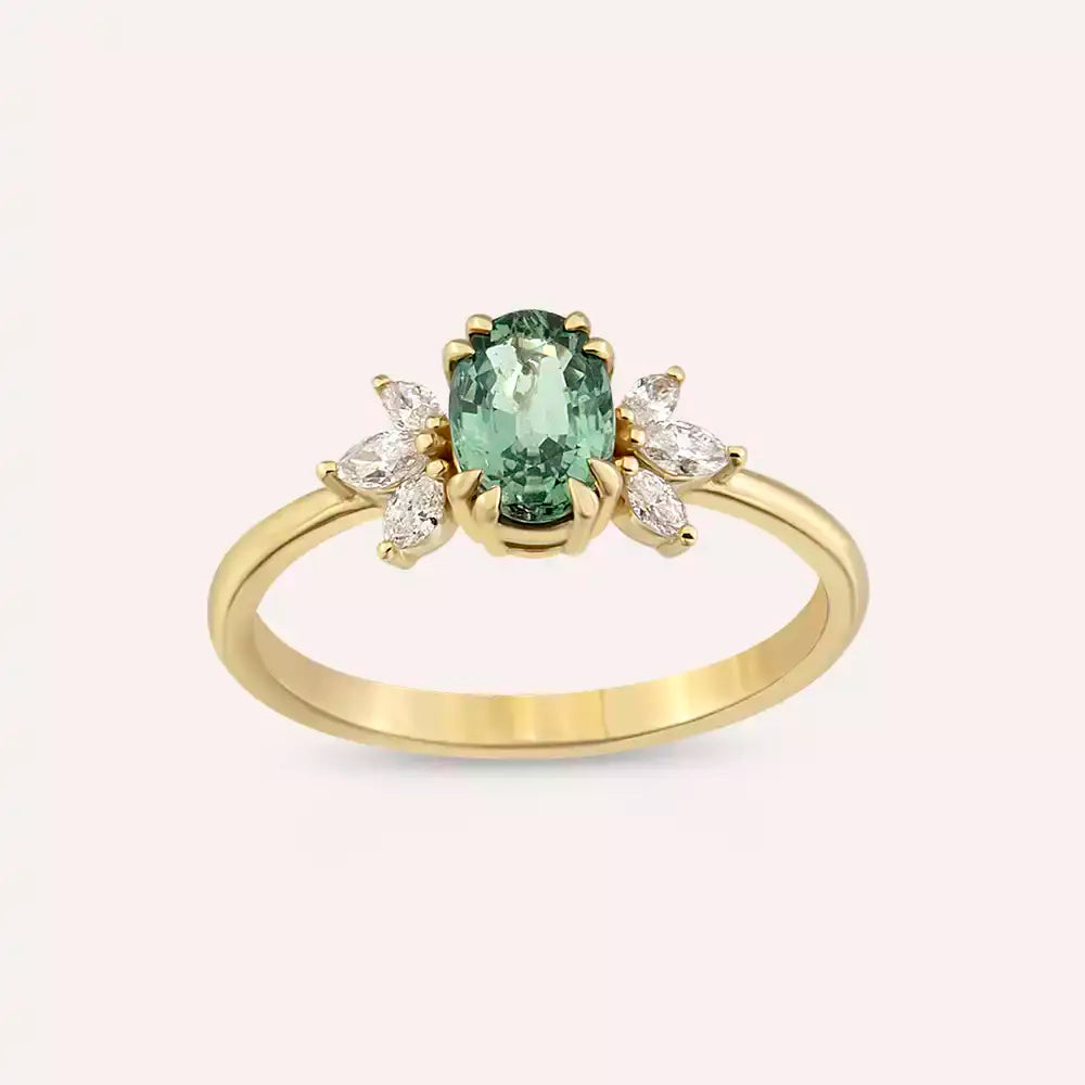 1.15 CT Green Sapphire and Marquise Diamond Yellow Gold Ring