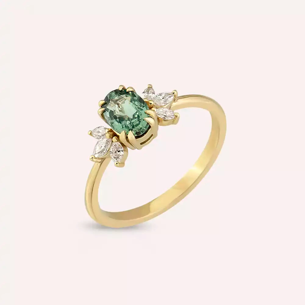 1.15 CT Green Sapphire and Marquise Diamond Yellow Gold Ring