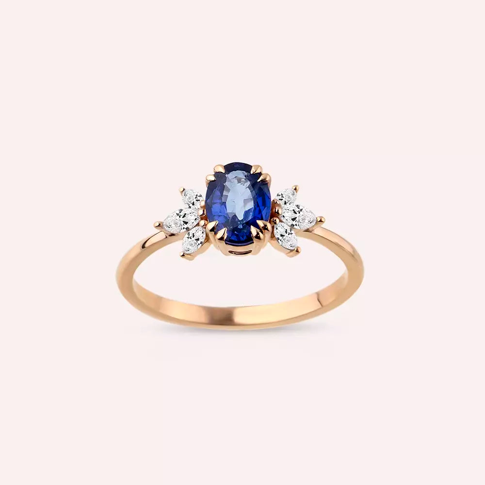 1.25 CT Sapphire and Marquise Cut Diamond Rose Gold Ring
