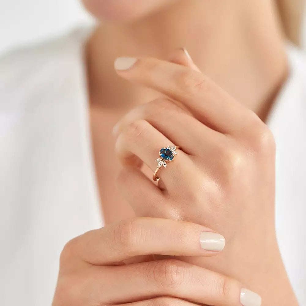 1.25 CT Sapphire and Marquise Cut Diamond Rose Gold Ring