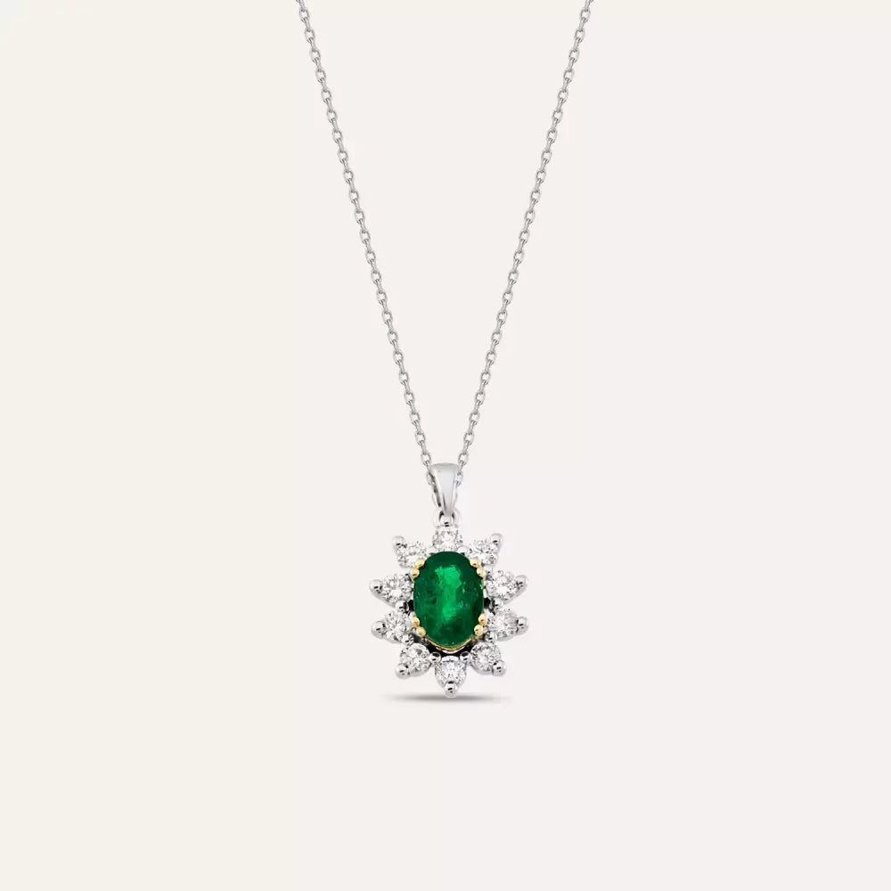1.25 CT Emerald and Diamond White Gold Cluster Necklace
