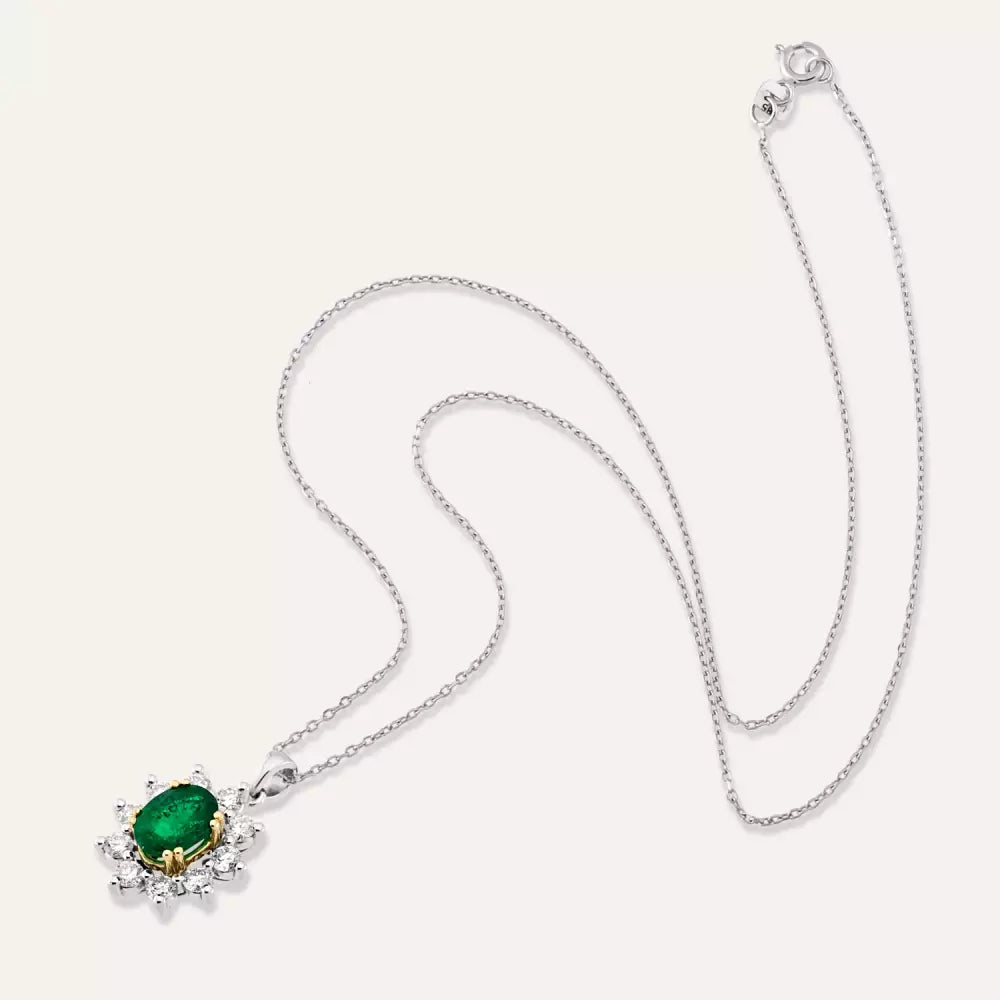 1.25 CT Emerald and Diamond White Gold Cluster Necklace