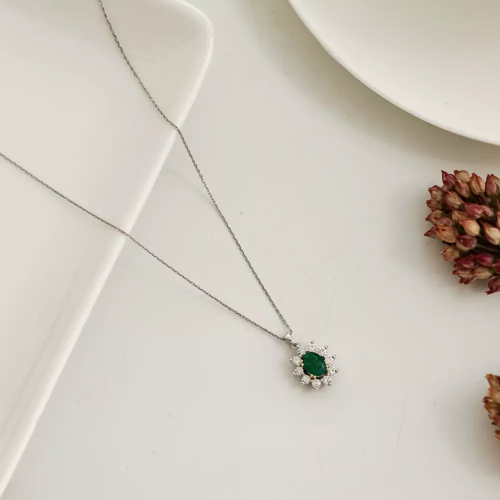 1.25 CT Emerald and Diamond White Gold Cluster Necklace
