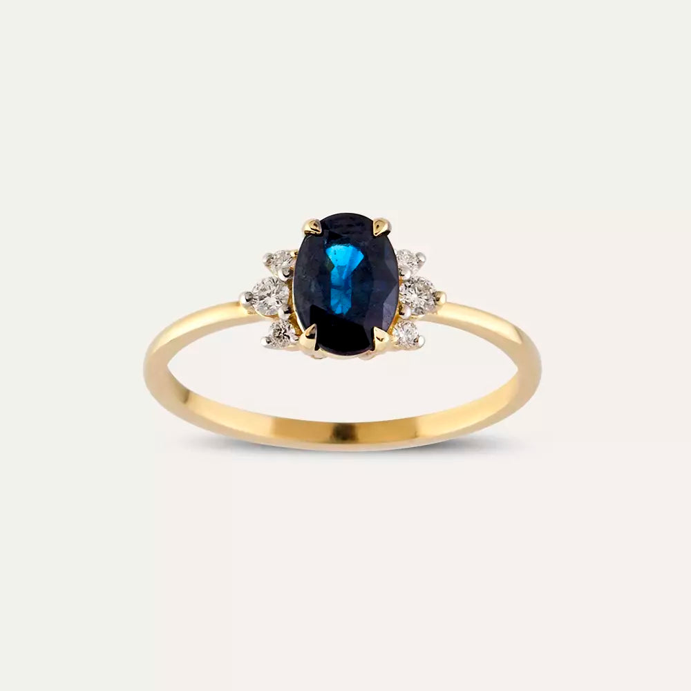 1.43 CT Dark Blue Sapphire and Diamond Yellow Gold Ring