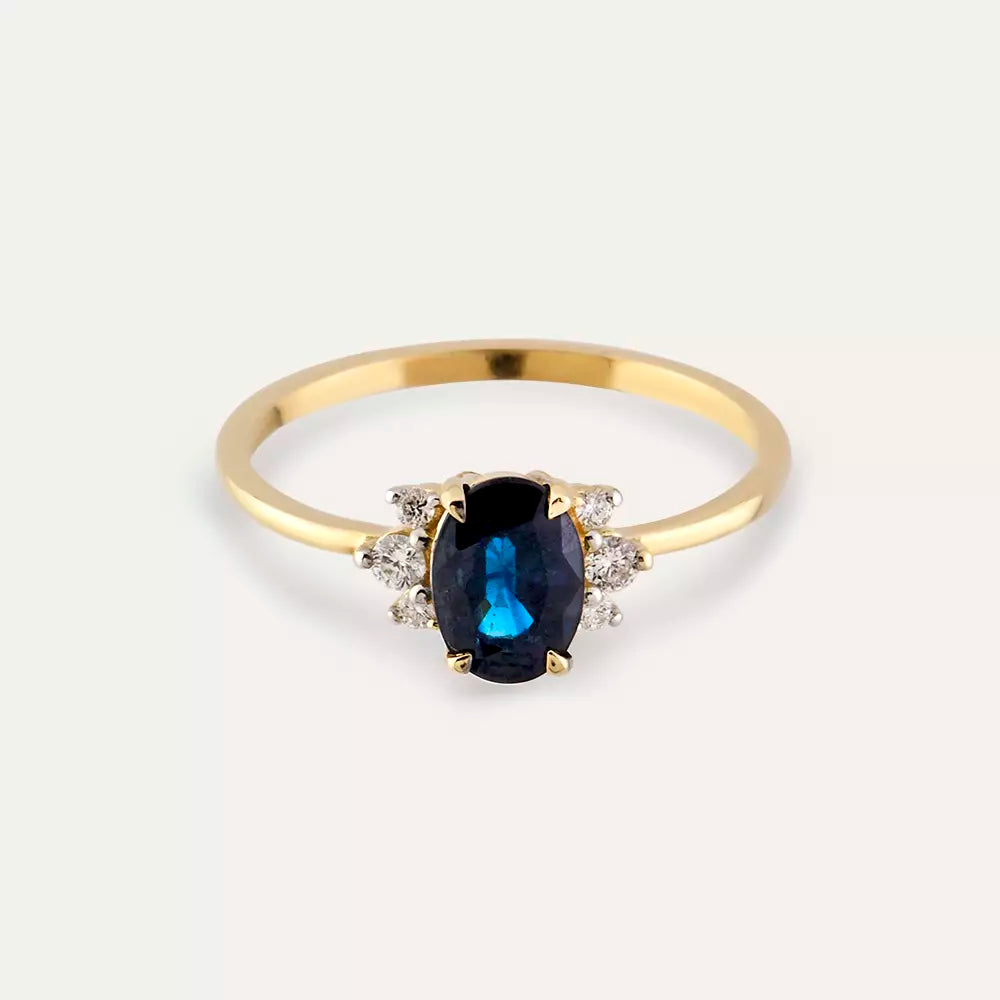1.43 CT Dark Blue Sapphire and Diamond Yellow Gold Ring