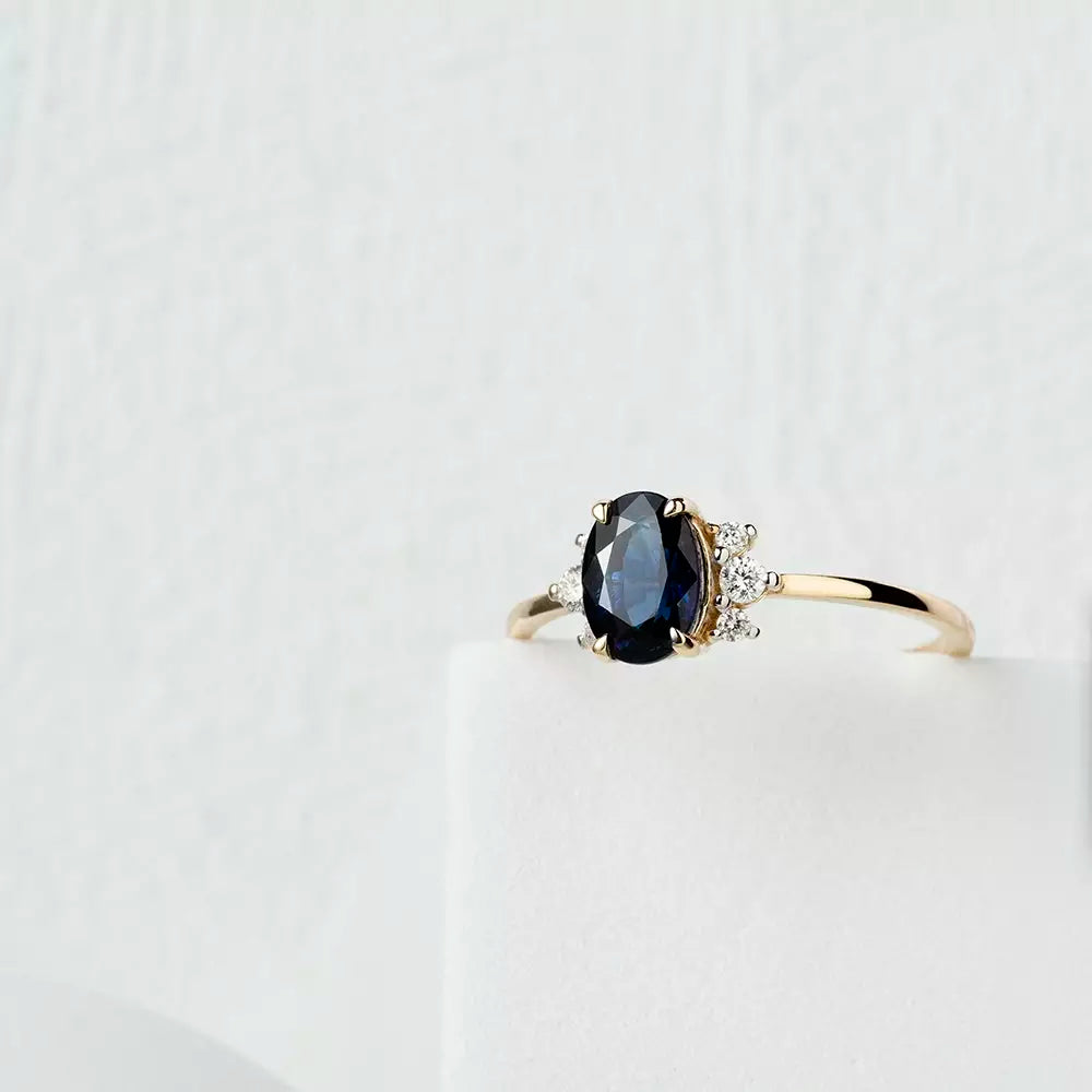 1.43 CT Dark Blue Sapphire and Diamond Yellow Gold Ring