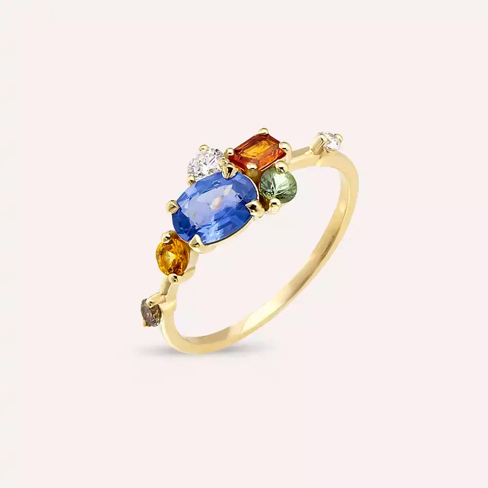 Medly 1.60 CT Multicolor Sapphire and Diamond Yellow Gold Ring