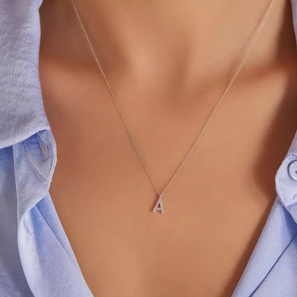 White Gold A Letter Necklace with 0.09 CT Diamond