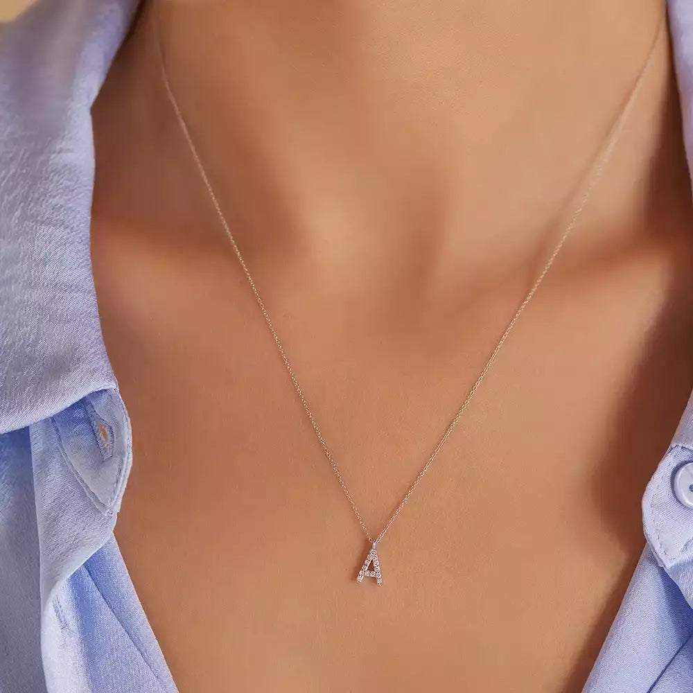 White Gold A Letter Necklace with 0.09 CT Diamond