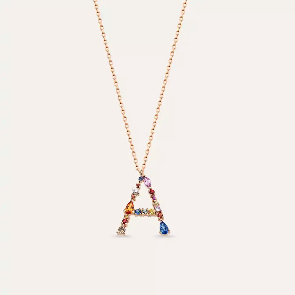 A Harf 1.39 CT Brown Pırlanta ve Multicolor Safir Taşlı Rose Altın Kolye