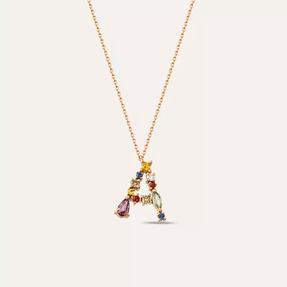 A Letter Brown Diamond and Multicolor Sapphire Rose Gold Necklace