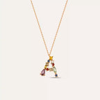 A Letter Brown Diamond and Multicolor Sapphire Rose Gold Necklace