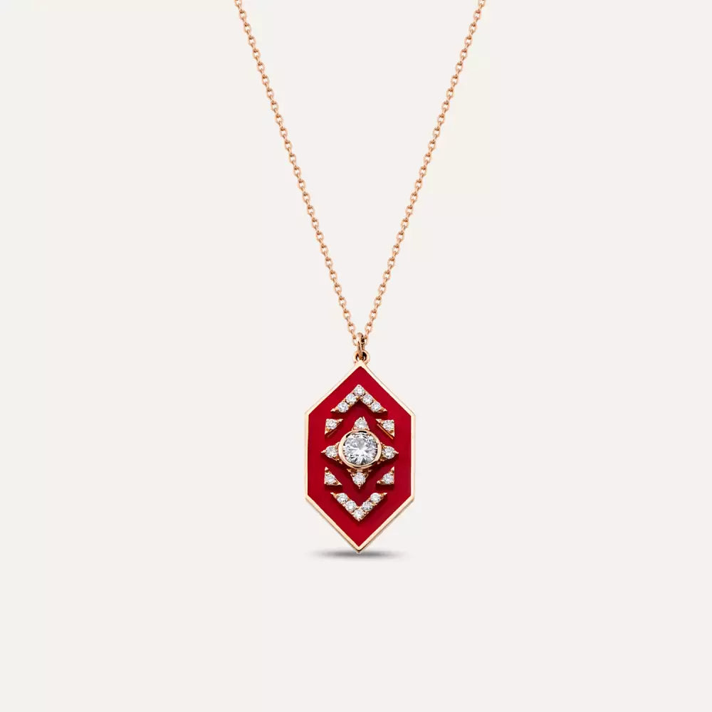 Shield Diamond and Red Enamel Necklace
