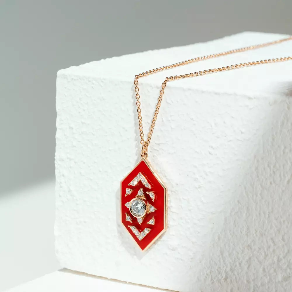 Shield Diamond and Red Enamel Necklace