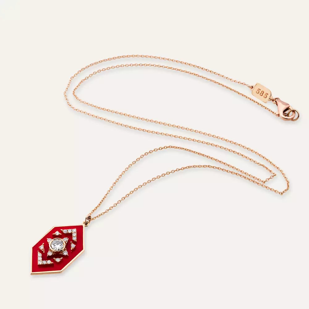 Shield Diamond and Red Enamel Necklace