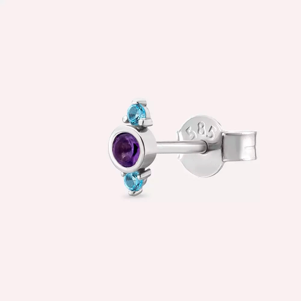 Andy White Gold Single Earring with Amethyst and Blue Topaz Stones