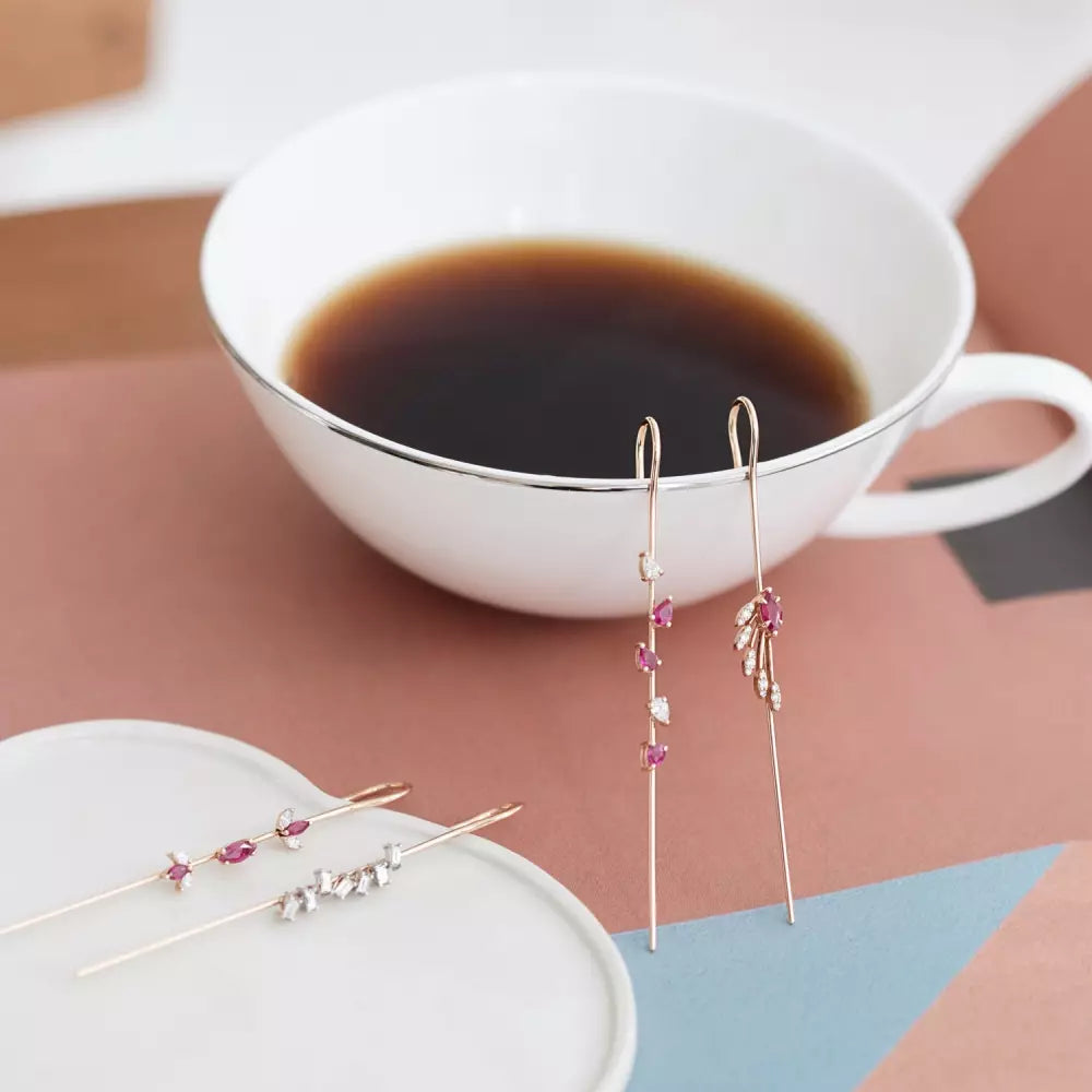 Swift Ruby and Diamond Rose Gold Stick Earrings