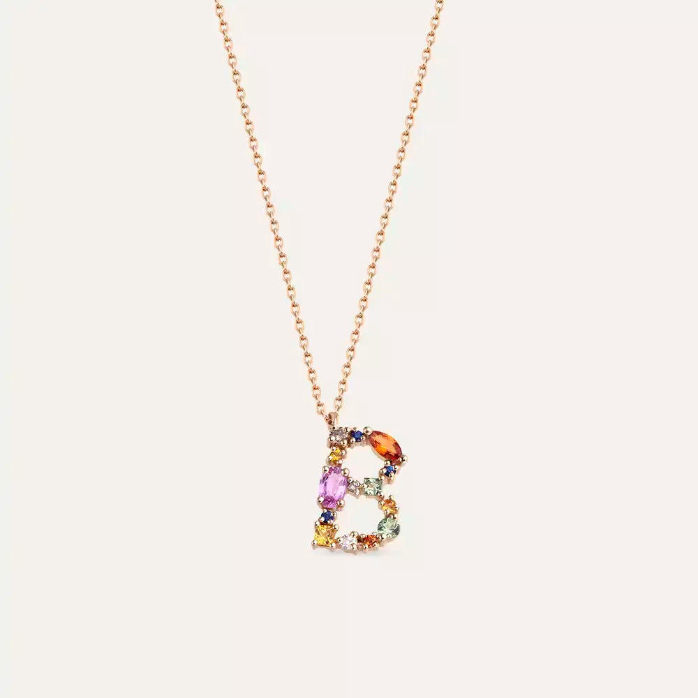 B Initial Brown Diamond and Multicolor Sapphire Rose Gold Necklace