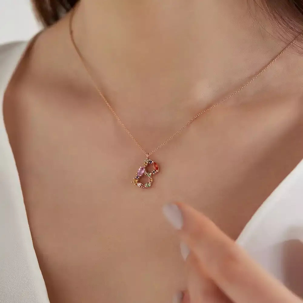 B Initial Brown Diamond and Multicolor Sapphire Rose Gold Necklace
