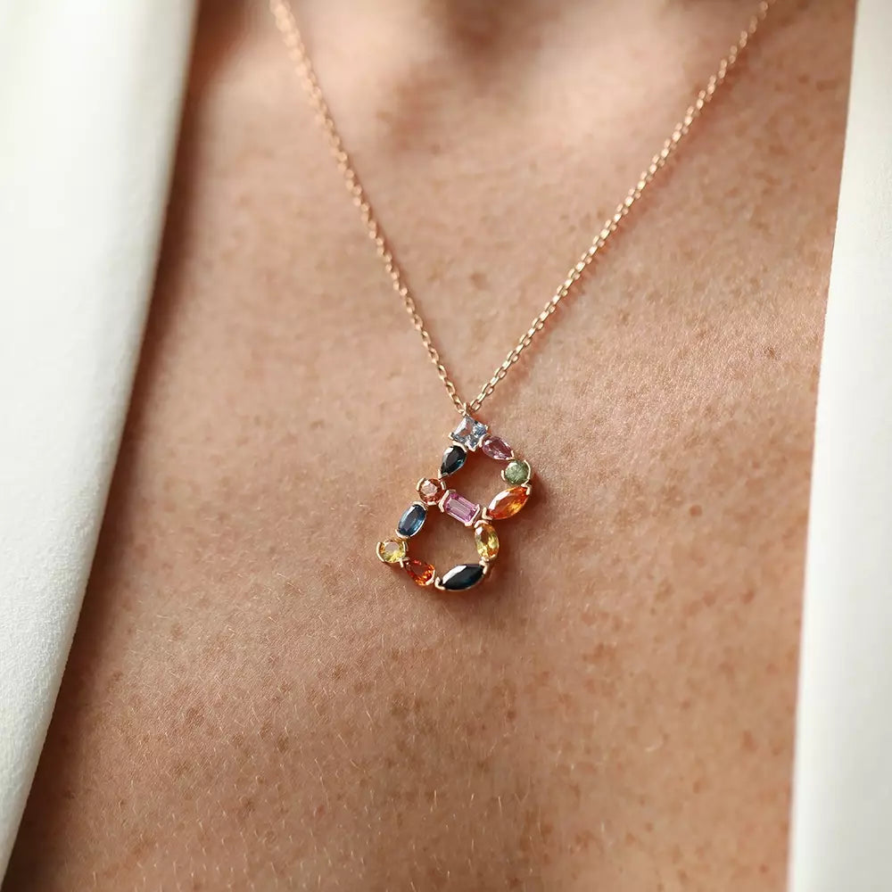 B Harf Multicolor Safir Taşlı Rose Altın Kolye