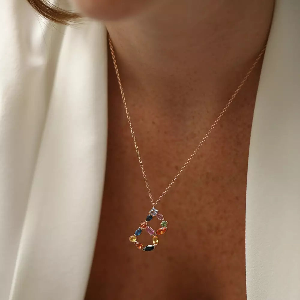B Harf Multicolor Safir Taşlı Rose Altın Kolye