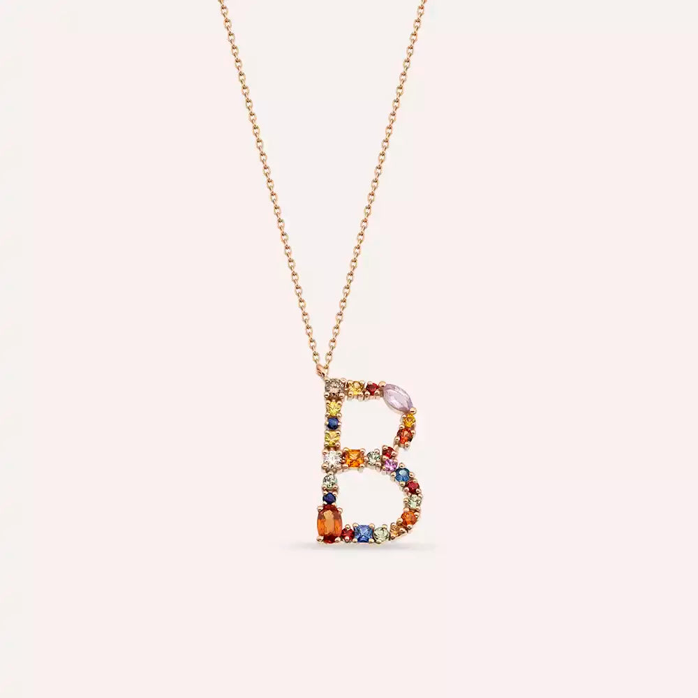 B Harf Multicolor Safir ve Brown Pırlanta Taşlı Rose Altın Kolye